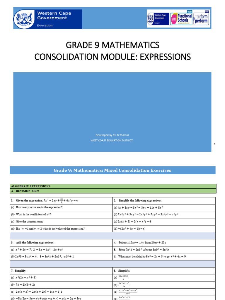 Grade 9 Mathematics Consolidation | PDF | Area | Factorization
