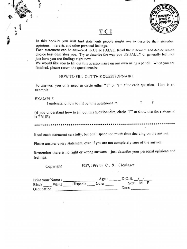 TCI Response Sheet | PDF | Psychology | Psychological Concepts