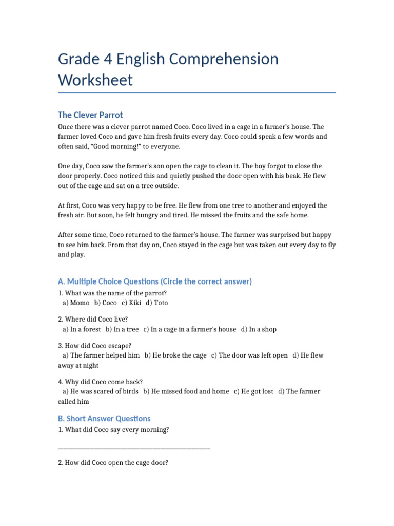 Grade4 Comprehension Worksheet | PDF