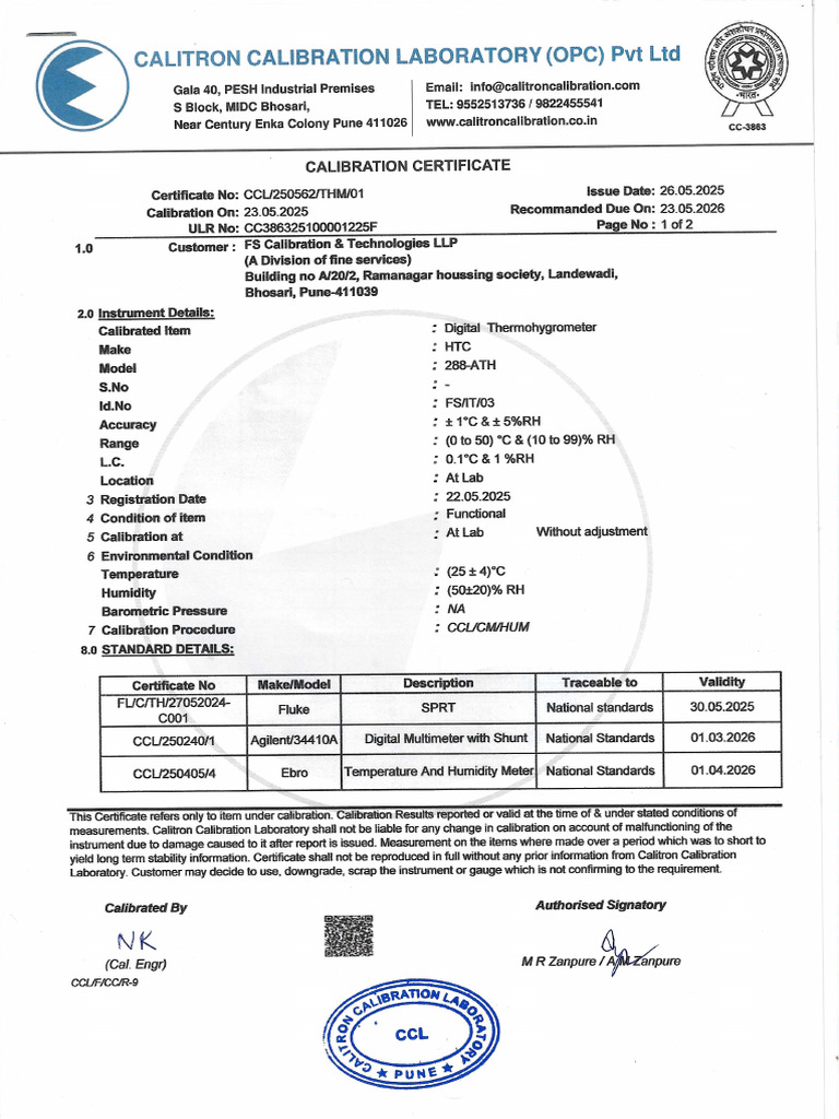 Calitron New Certificate (Thermohygrometer) | PDF