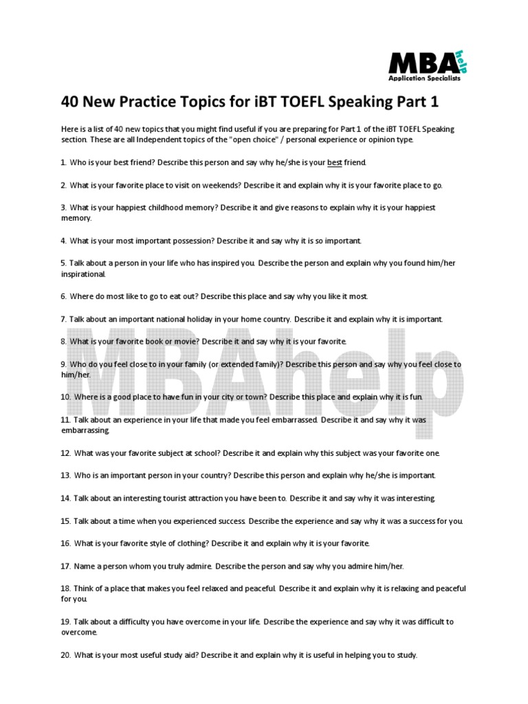 40 New Practice Topics For iBT TOEFL Speaking Part 1 | PDF | Cognition