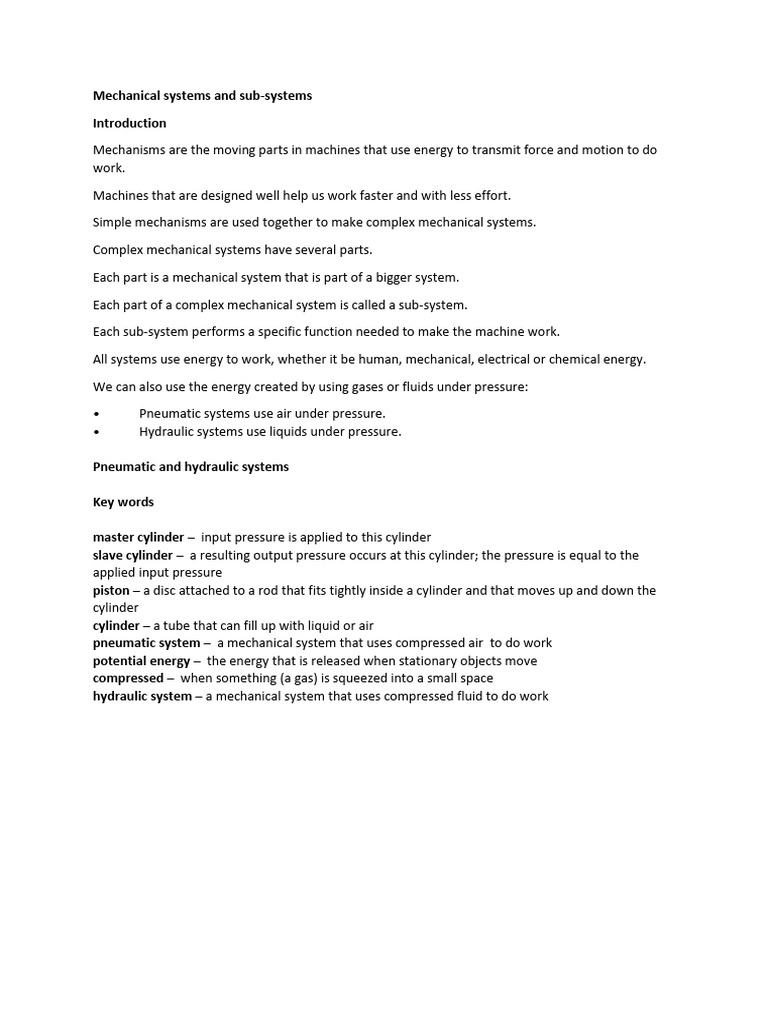 Mechanical Systems and Sub Systems | PDF | Pneumatics | Machines