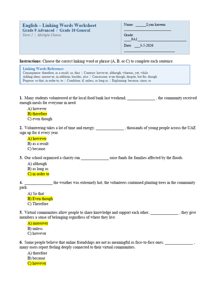 Linking Words Worksheet 9A 10G | PDF