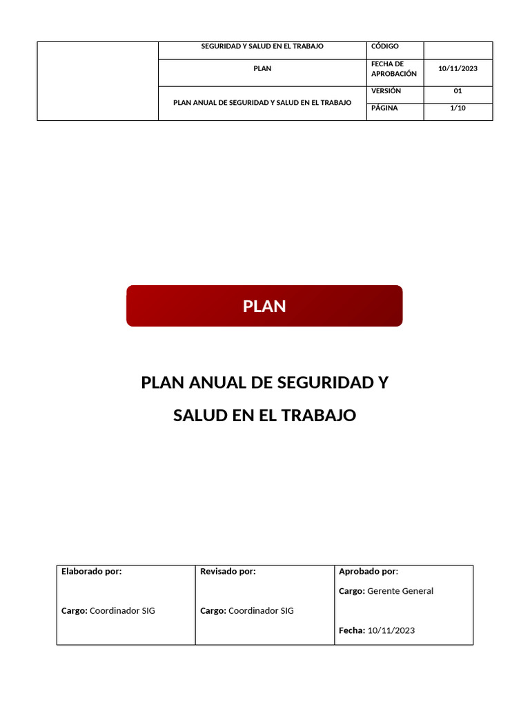 Plan Anual de Seguridad y Salud en El Trabajo | PDF | Seguridad y salud ...