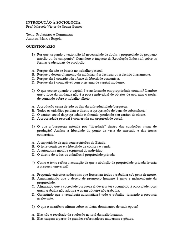 MARX 2 - Questionário de Classe | PDF | Propriedade privada | Burguesia