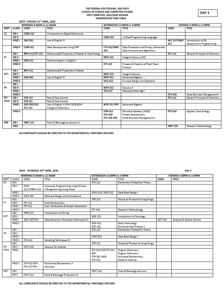 2026 Sscs First Semester Final Exam Timetable 3 | PDF | Mathematics