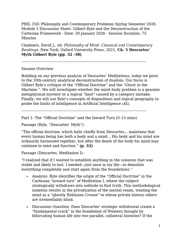 20 Jan Discussion Sheet Gilbert Ryle and the Deconstruction of the ...