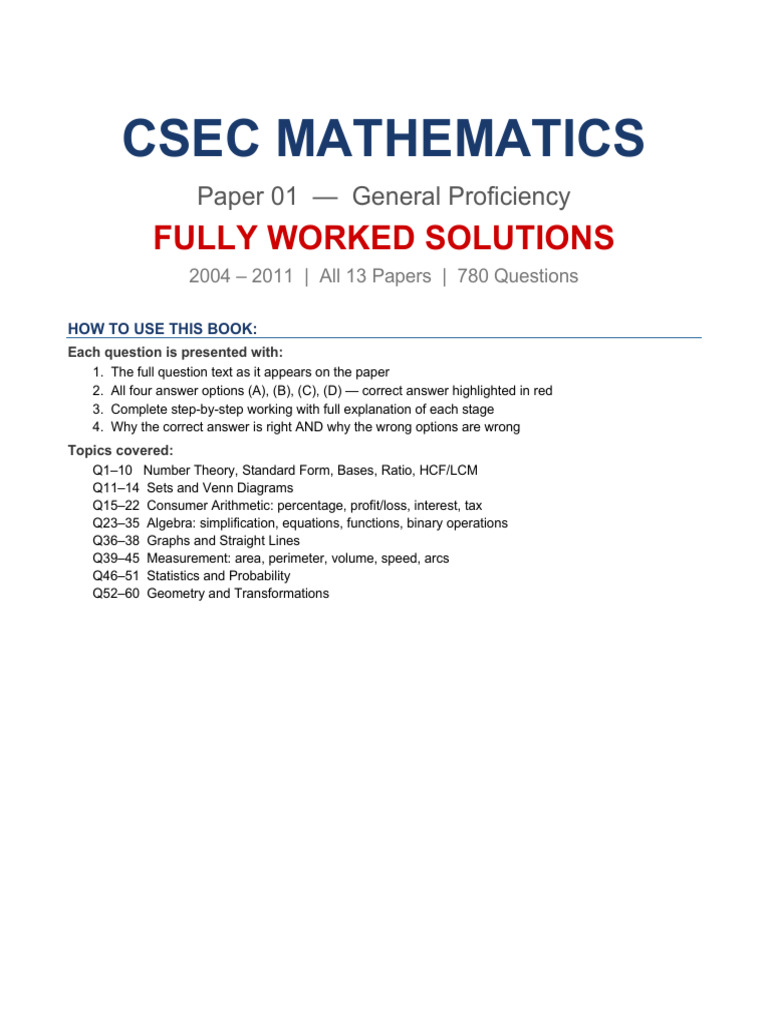 CSEC Maths P1 Worked Solutions Complete | PDF | Area | Kilogram