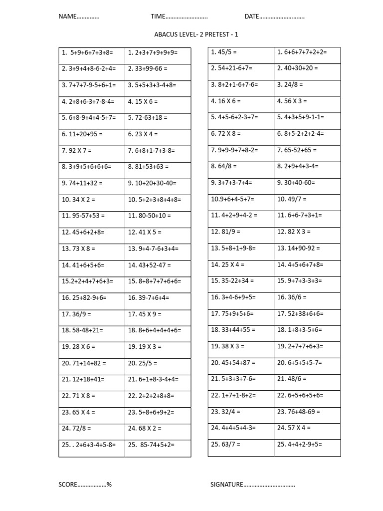 Abacus Level-2 Pretest (1) | PDF