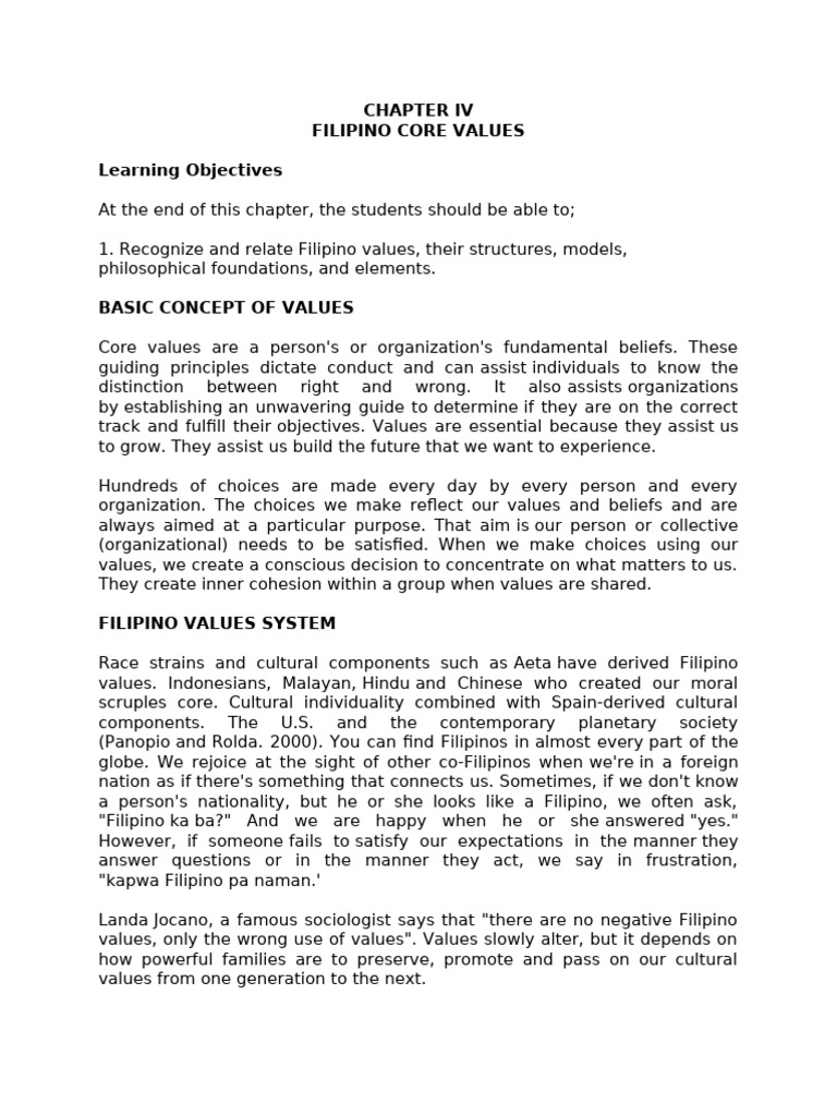 Chapter IV Filipino Core Values | PDF