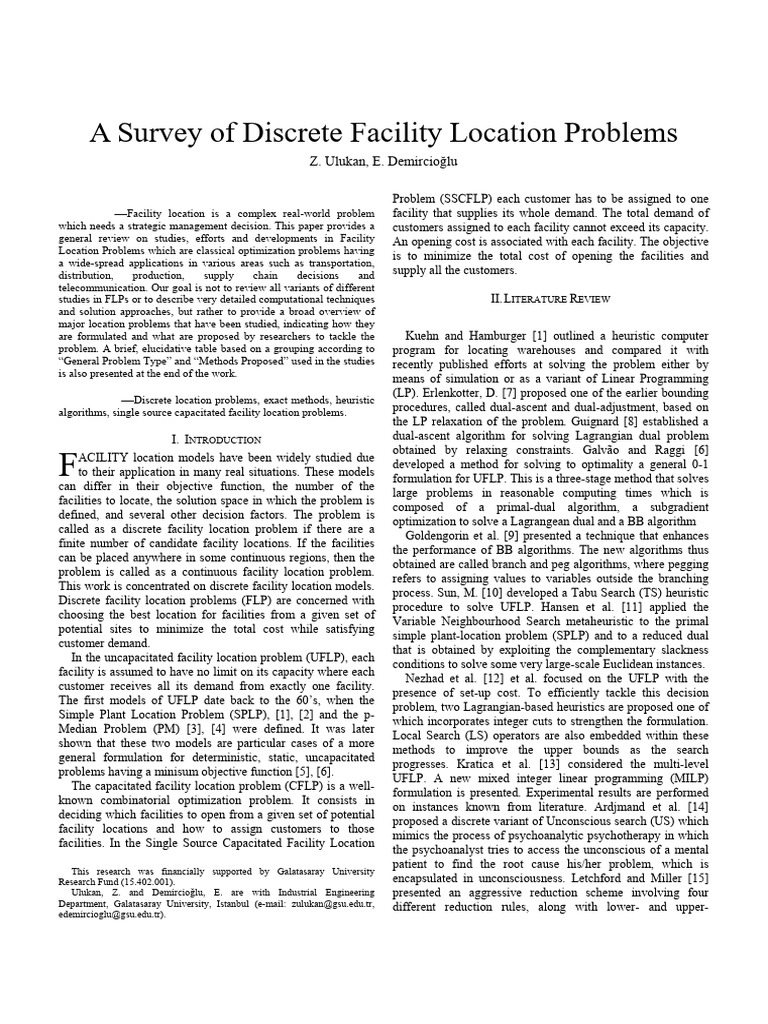 Facilities Location Problem Survey | PDF | Mathematical Optimization ...