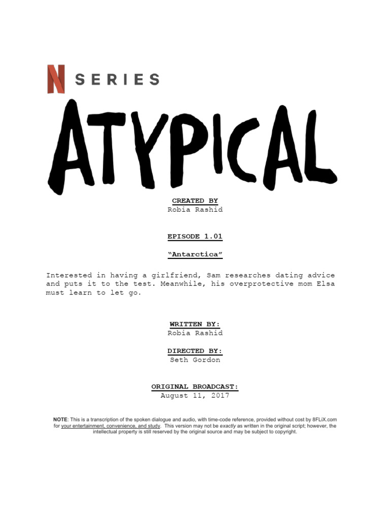 Atypical-episode-script-transcript-season-1-01-Antarctica | PDF