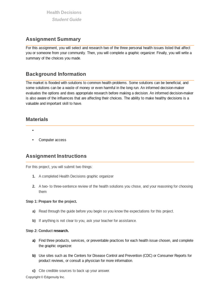 Project_Health Decisions_ Student.docx | PDF | Healthy Diet | Sexually ...