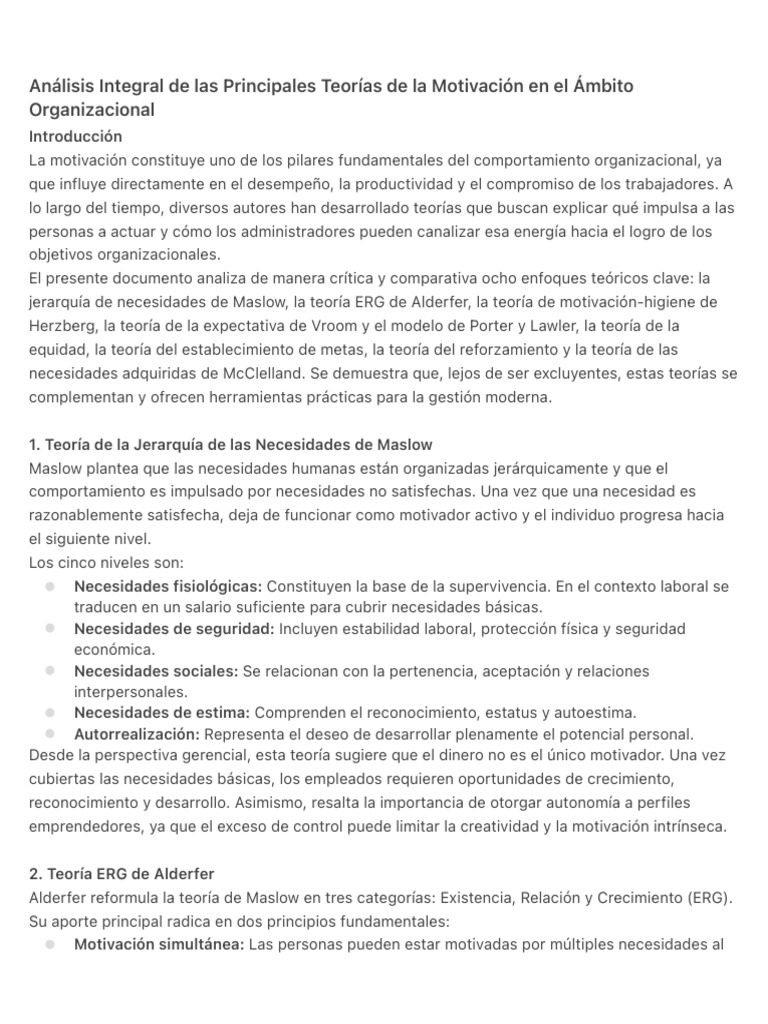 Análisis Integral de las Principales Teorías de la Motivación en el ...