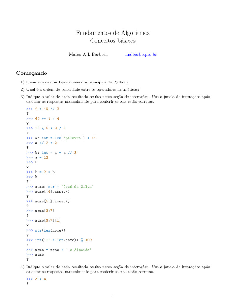 02 Conceitos Basicos Exercicios | PDF | Python (linguagem de ...