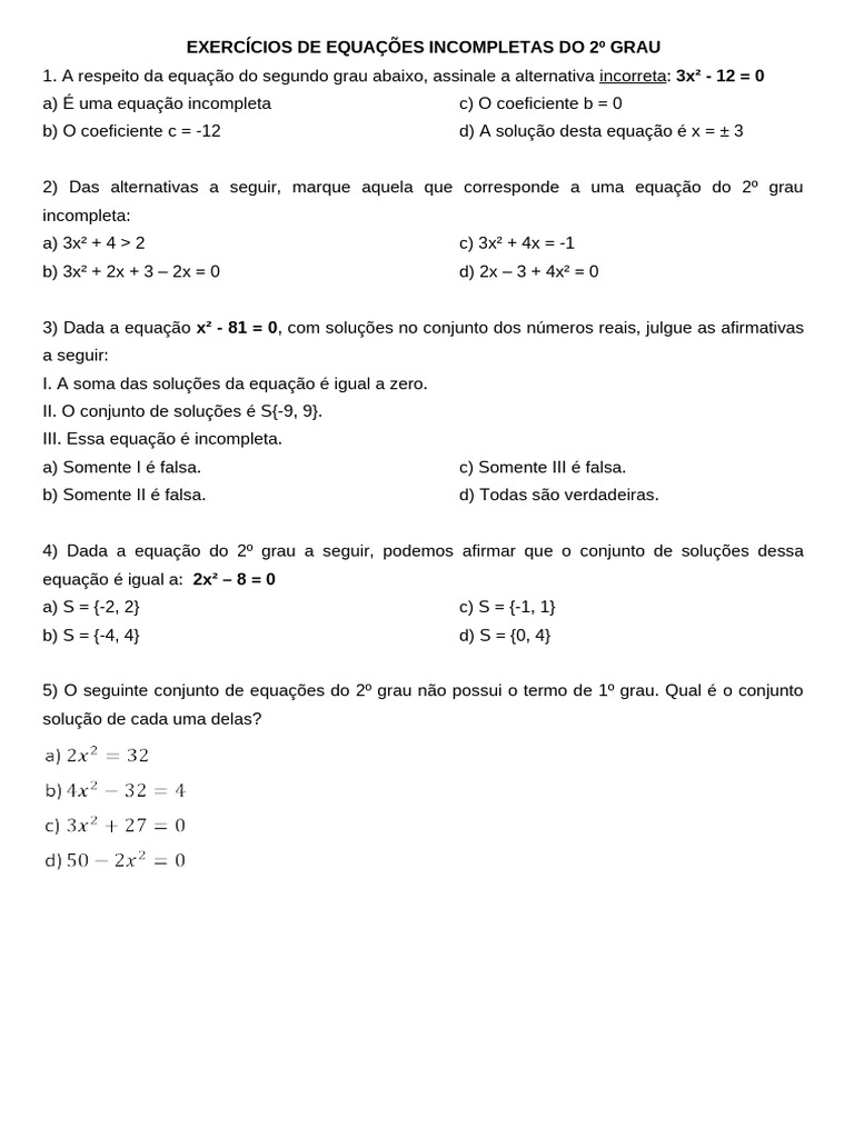 Exercícios de Equações Incompletas Do 2º Grau | PDF