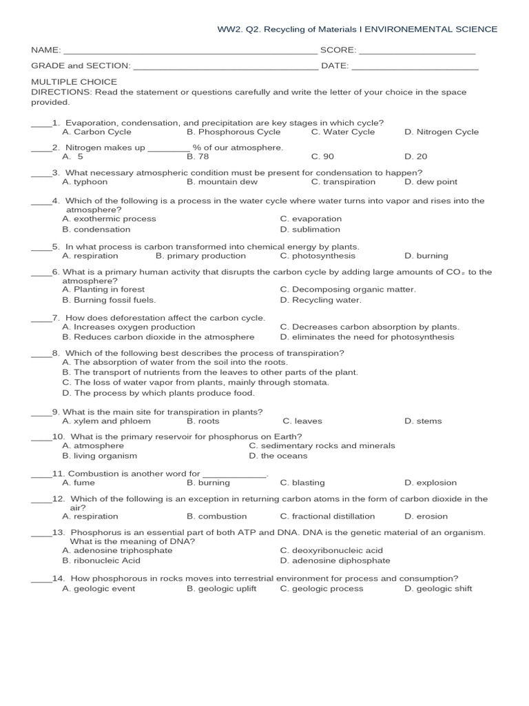 Quiz 2. RECYCLING OF MATERIALS | PDF | Nitrogen | Nitrate