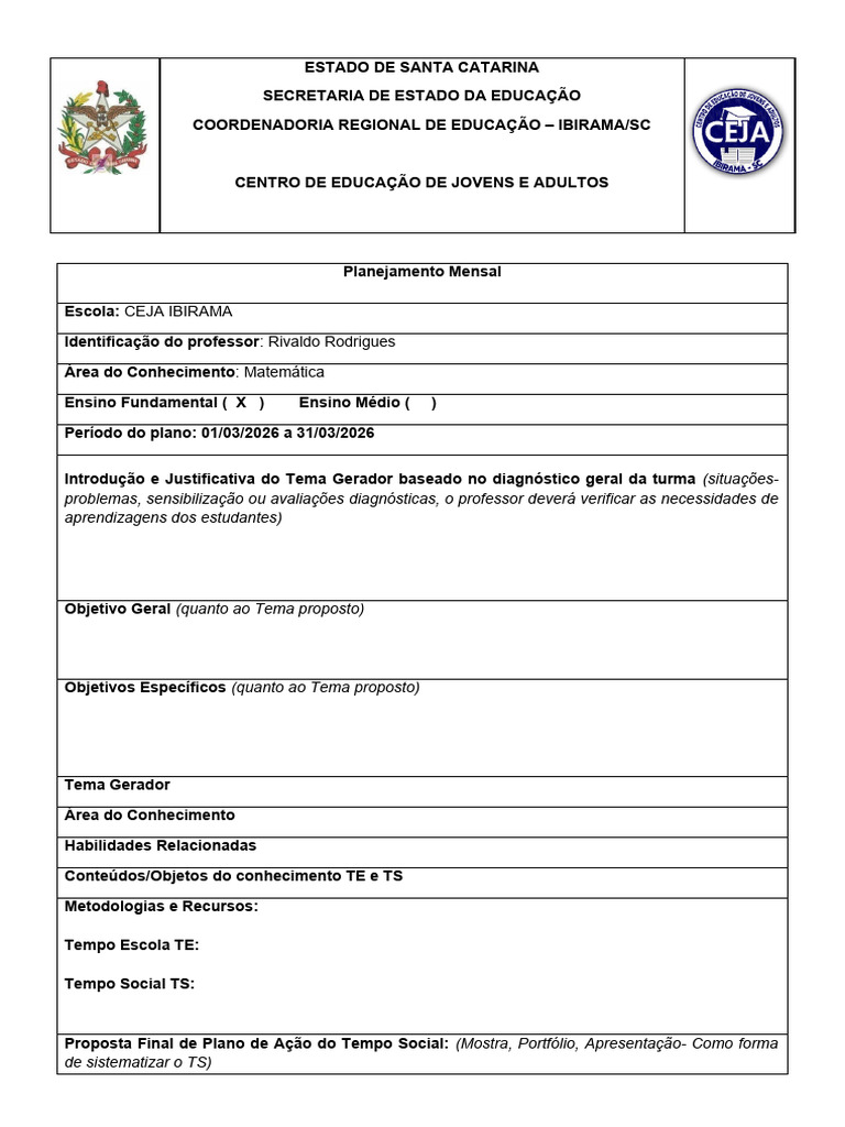 Modelo Plano de Aula Mensal - 2026 Ibirama | PDF