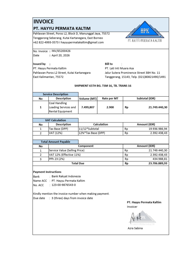 65th Shipment Invoice HPK-LIMA (20042026) | PDF