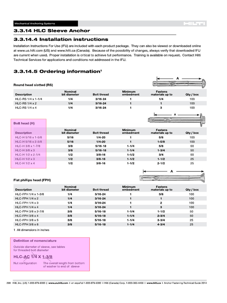 Hilti HLC Sleeve Anchors Chart-1 | PDF