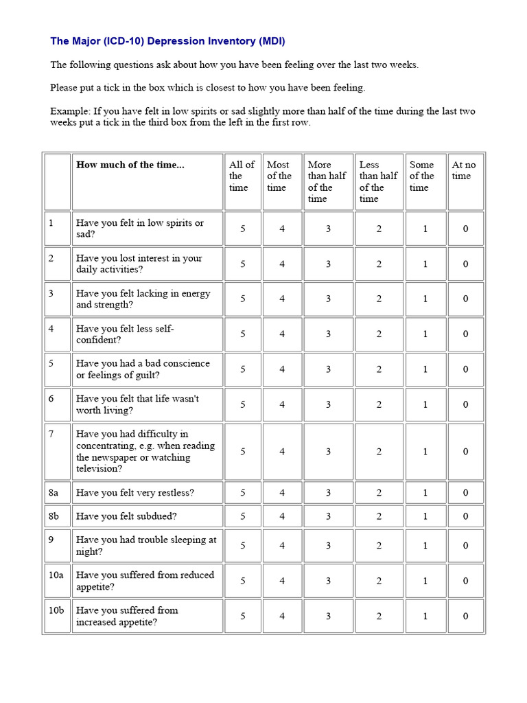 Mental Health Major Depression MDI Questionnaire | PDF | Psychological ...