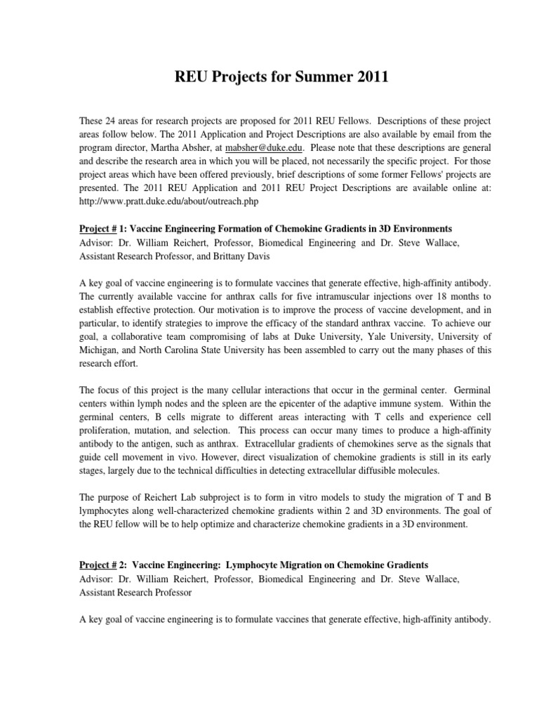 REU Projects For Summer 2011: Project # 1: Vaccine Engineering ...