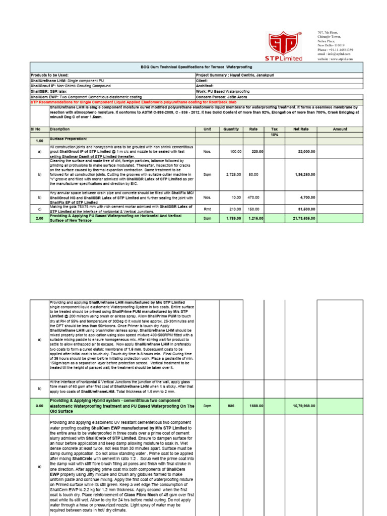 BOQ & Waterproofing Specification of Terrace With PU | PDF | Concrete ...