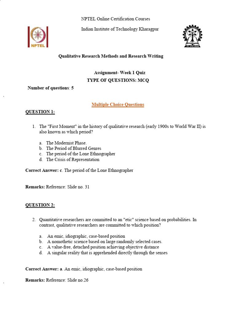 Week 1 Assignment NPTEL QRMRW 15.01 | PDF | Reality | Methodology