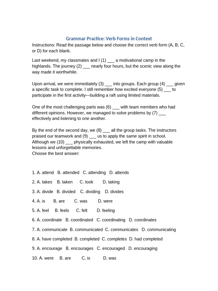 Verb Form Worksheet Form5 | PDF
