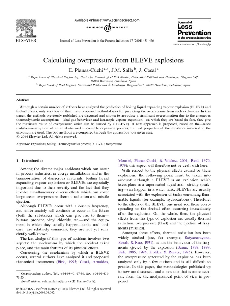 BLEVE Overpressure Calculation Methods | PDF | Explosion | Temperature