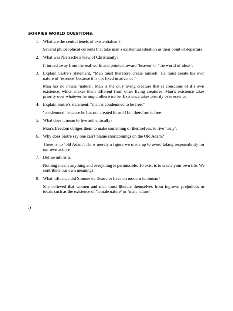 Sohpies World Questions | PDF