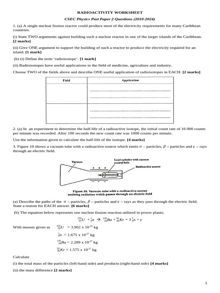 Radioactivity Worksheet | PDF