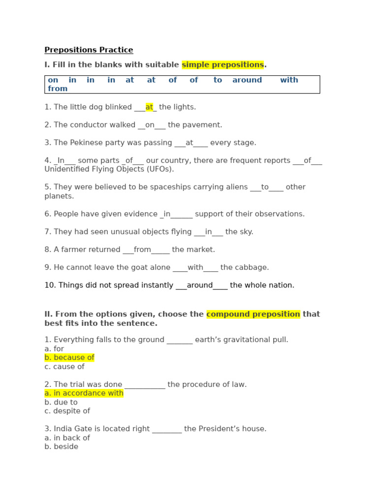 Prepositions Worksheet | PDF
