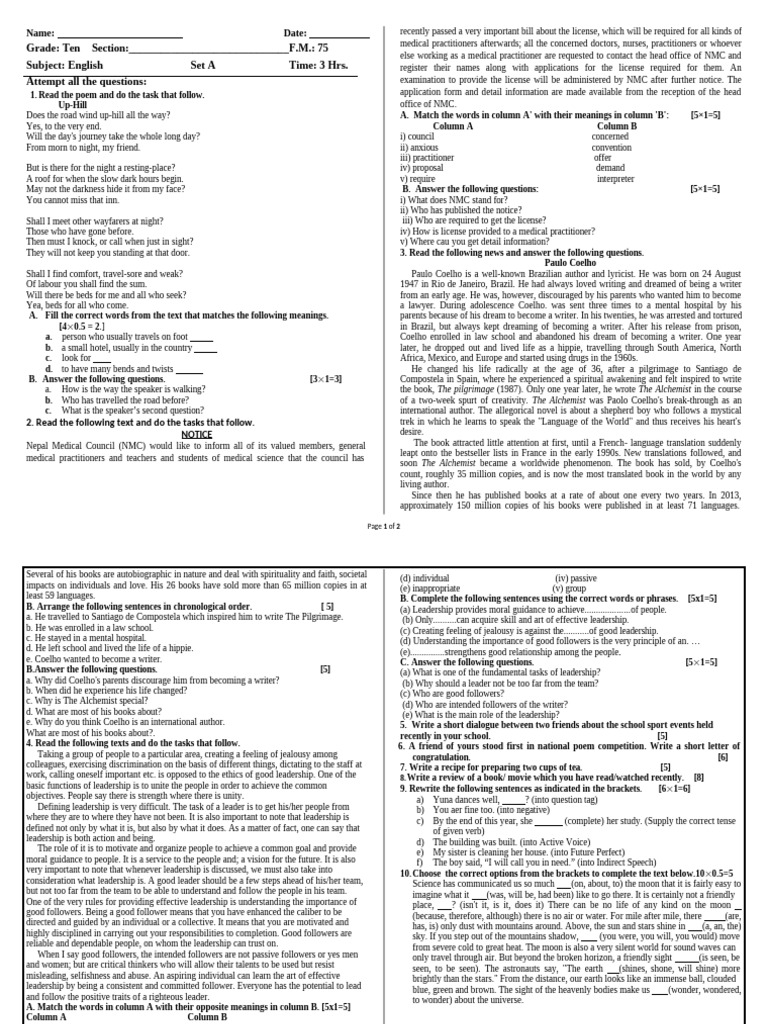 SEE Practice Questions English | PDF
