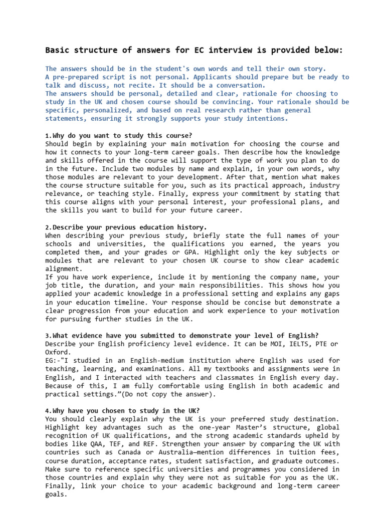 Basic structure of answers for EC interview | PDF | University | Cognition