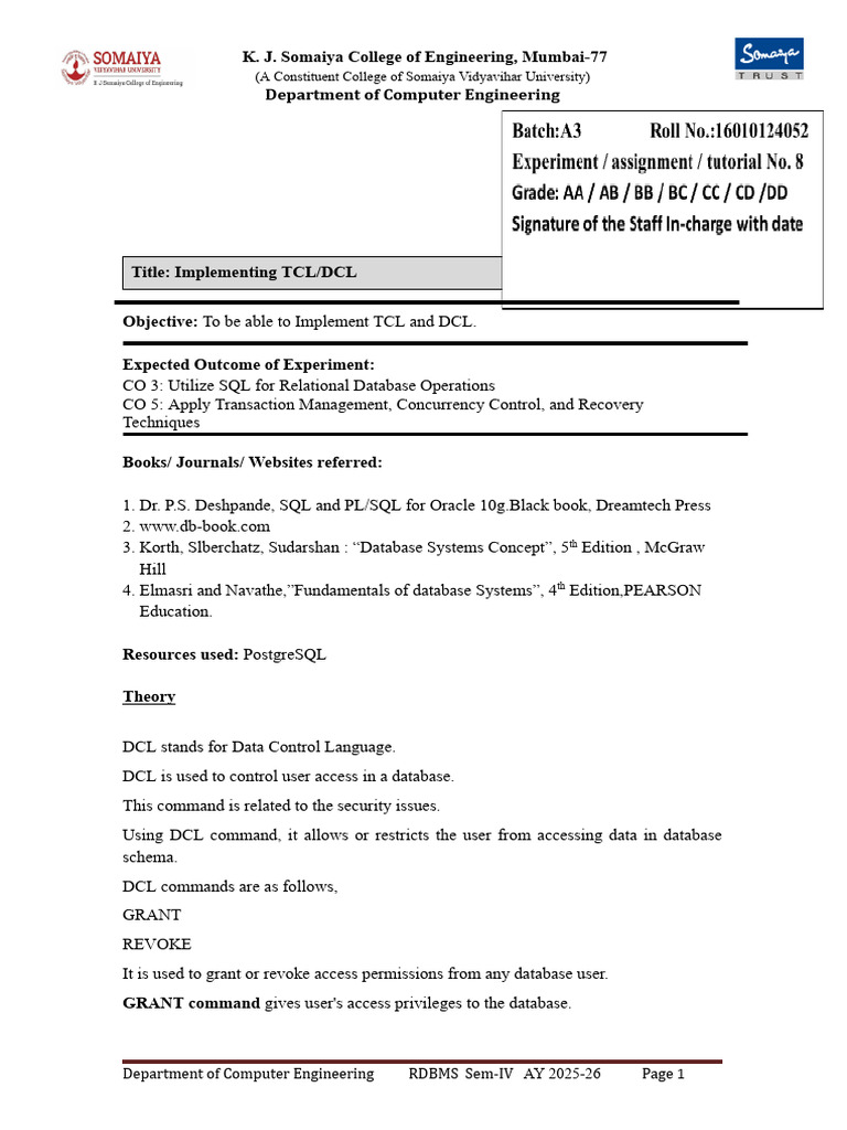 akshita Exp 8 Implementing TCL-DCL_UPDATED.docx | PDF | Database ...