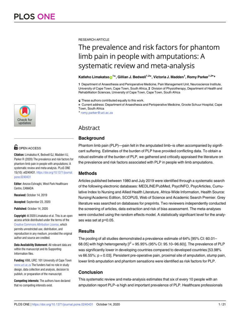 The Prevalence and Risk Factors for Phantom Limb Pain in People With ...