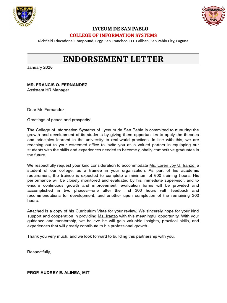 F2 Endorsement Letter.docx | PDF