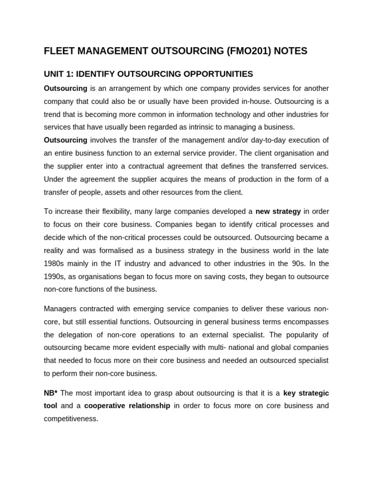 FLEET MANAGEMENT OUTSOURCING Notes | PDF | Outsourcing | Procurement