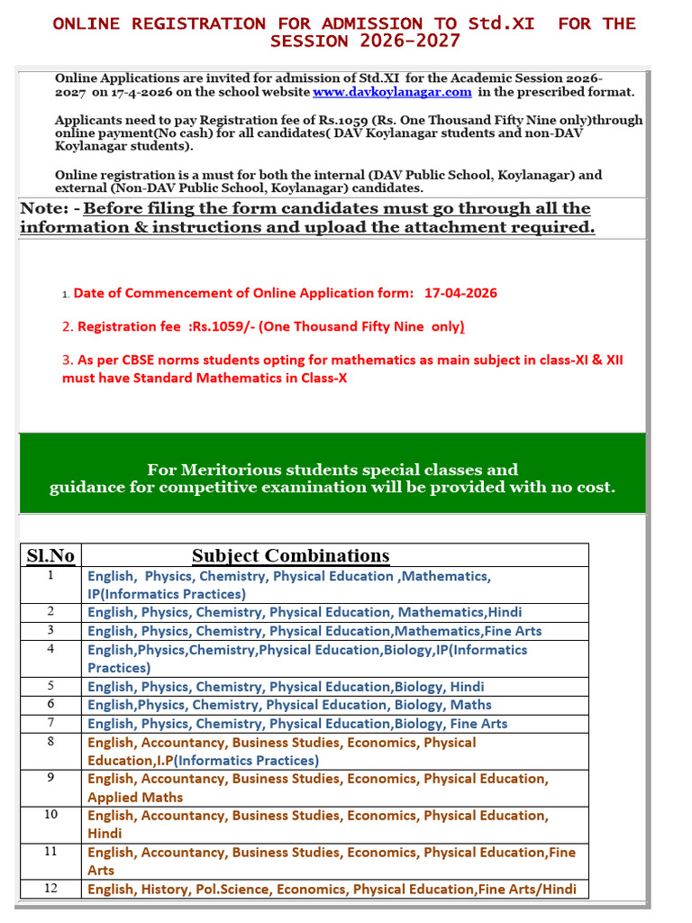 Online Admission Notice After Declaration of Result 17-4-2026 | PDF