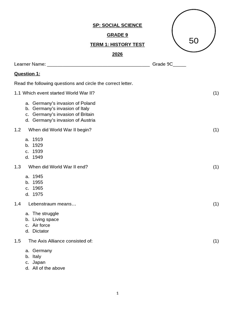 Gr9 History Test T1 2026 | PDF | World War II | Fascism