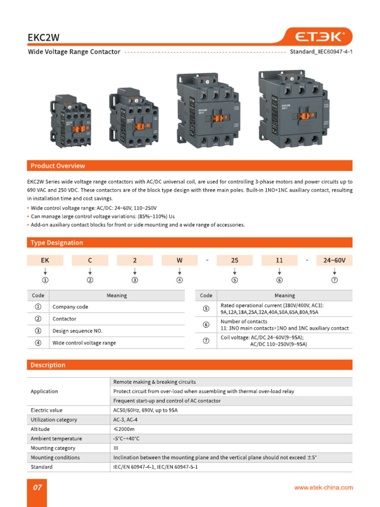 ETEK EKC2W Wide Voltage Range Contactor | PDF