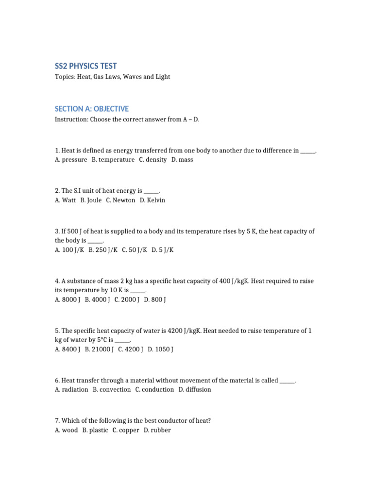 SS2 Physics WAEC Style Test | PDF | Waves | Pressure
