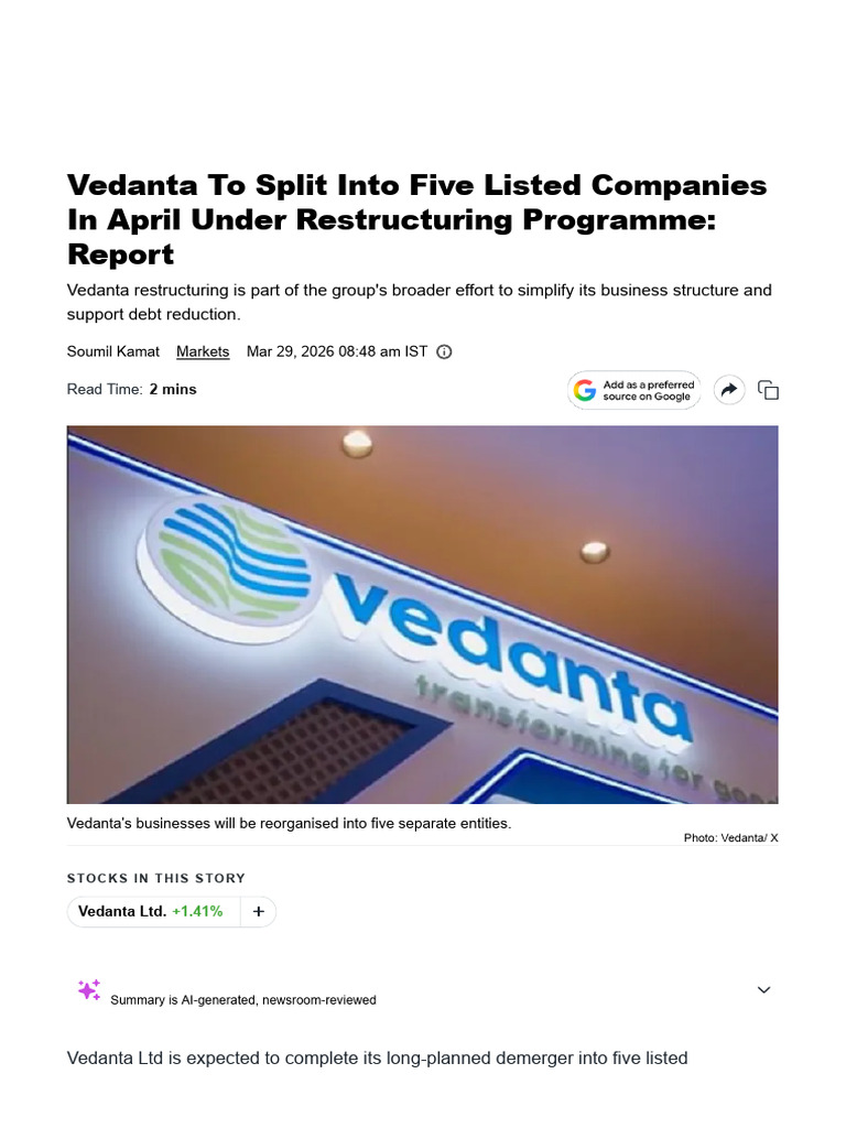 29 Mar 26 Ndtv Profit Vedanta to Split Into Five Listed Companies in ...