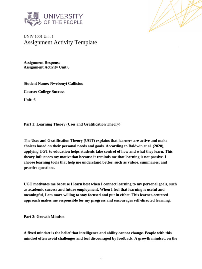 Unit 6 assignment activity | PDF | Mindset | Learning