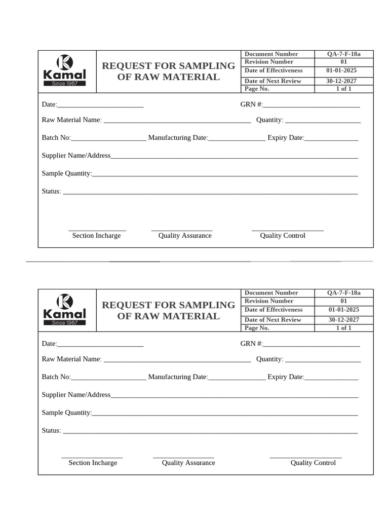 REQUEST FO SAMPLING RAW MATERIAL | PDF | Secondary Sector Of The ...