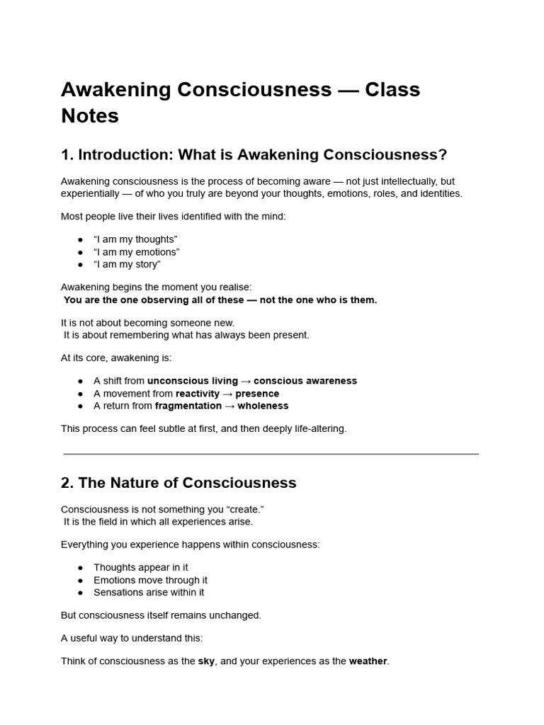 Awakening Consciousness — Class Notes | PDF | Thought | Consciousness