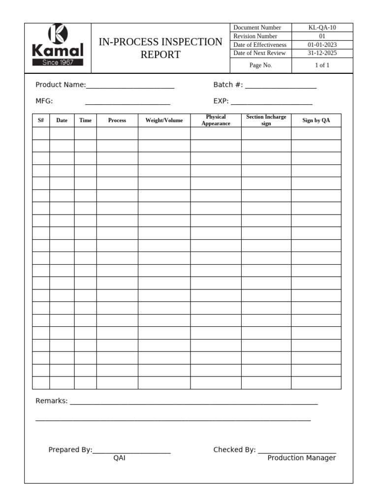 10 Inprocess Insp Report 04 QA | PDF