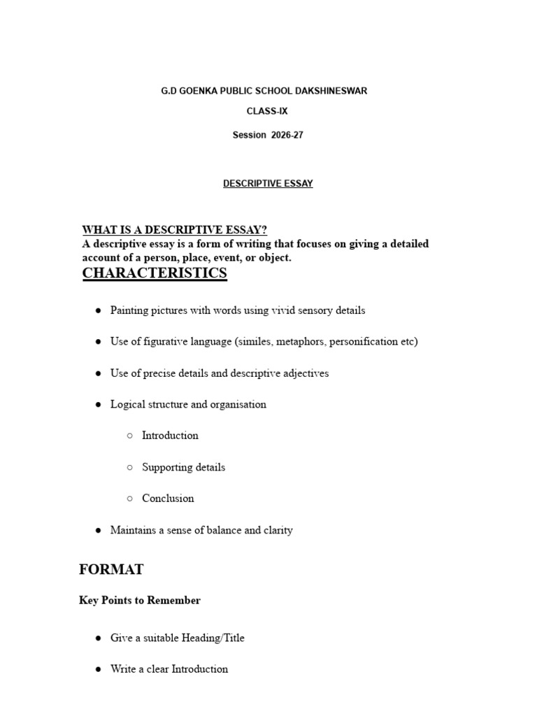 Descriptive Essay Class 9 2026 27 | PDF | Essays | Cognition