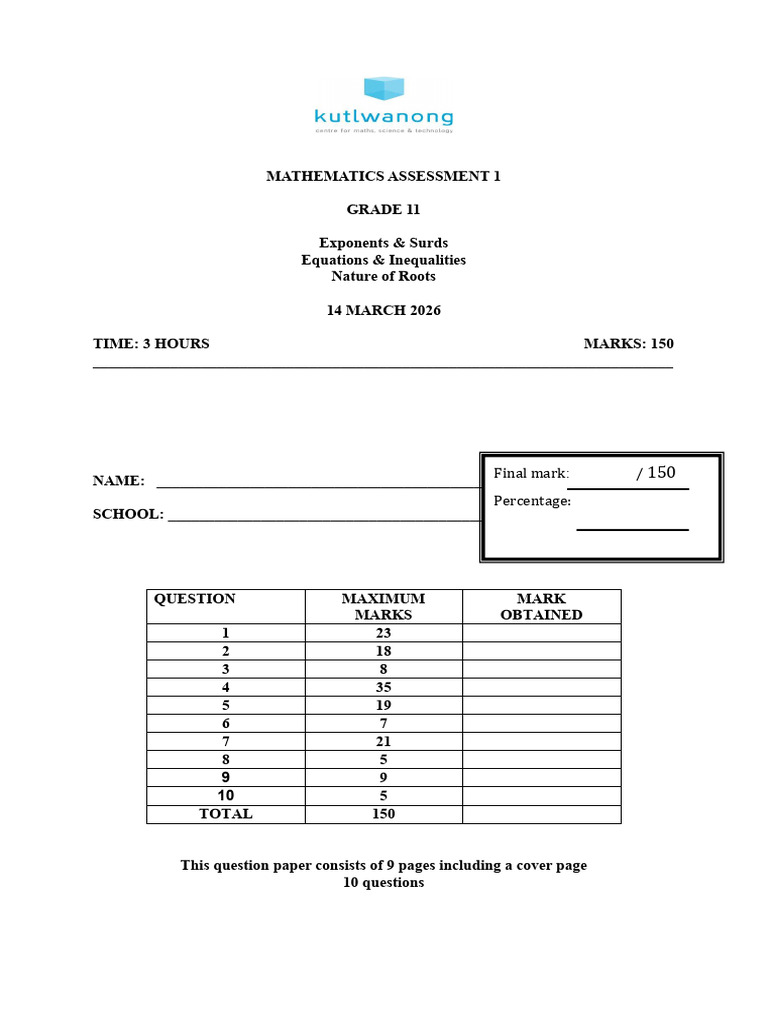 Mathematics Grade 11 Assessment 1 (14 March 2026) | PDF | Equations ...